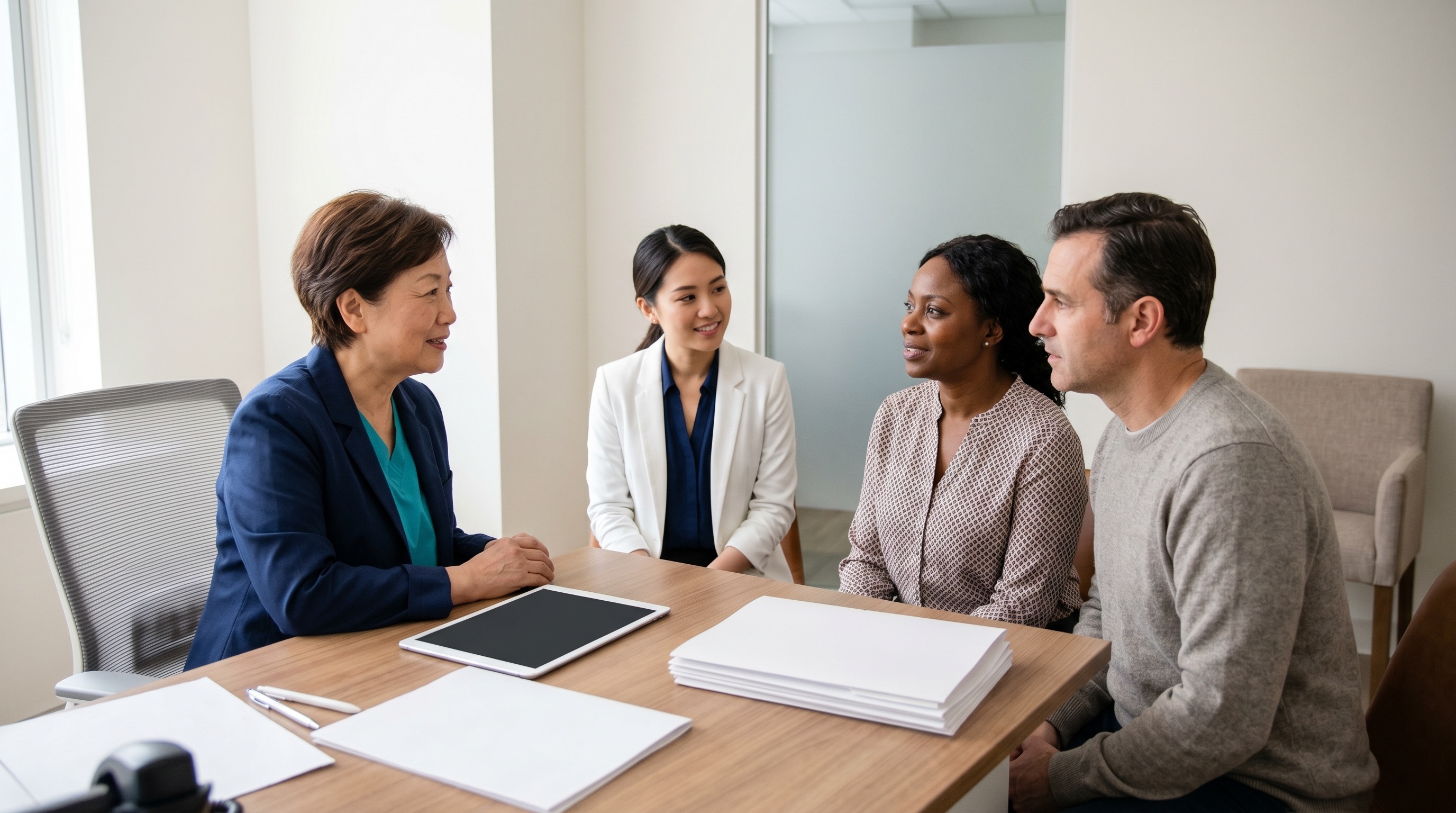 International breast cancer patient speaking with a Chinese oncology specialist and bilingual coordinator