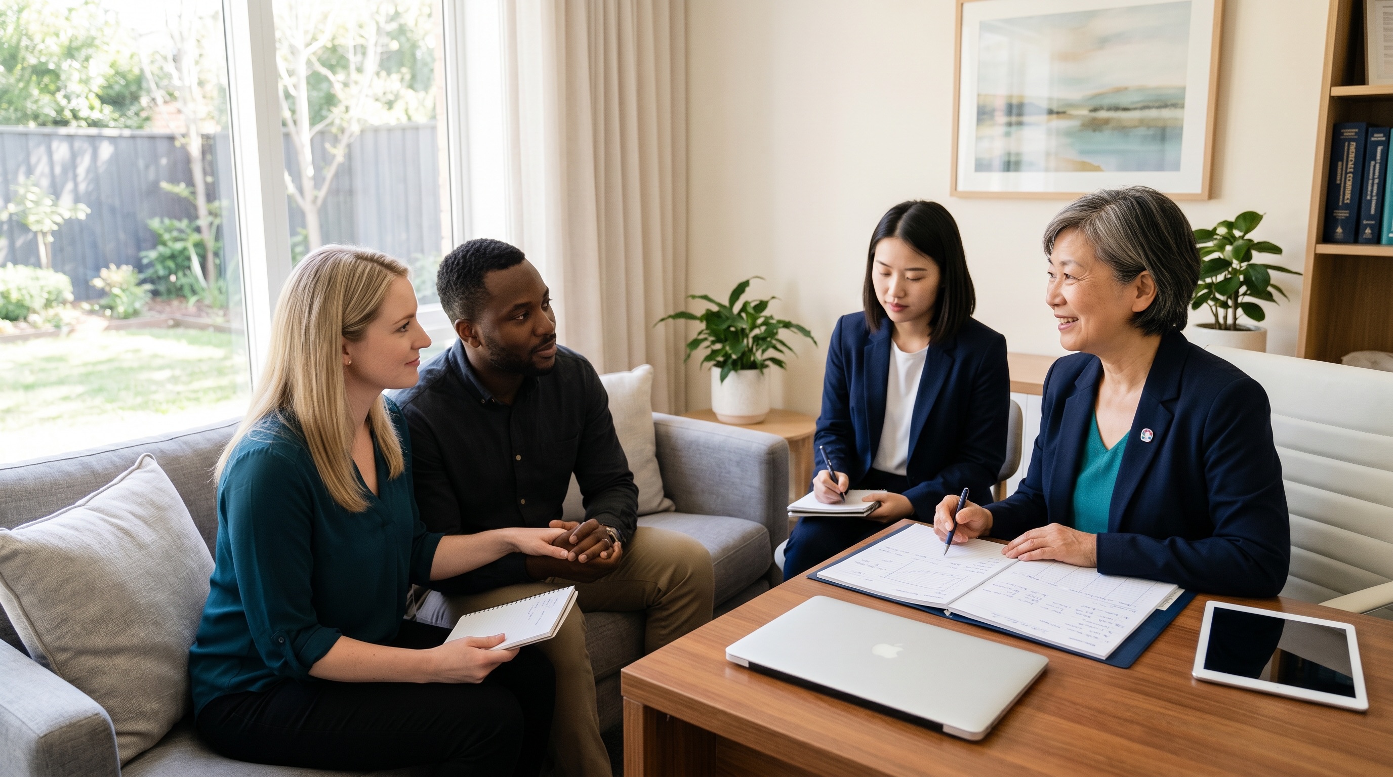International couple discussing IVF planning with a Chinese fertility specialist and bilingual coordinator