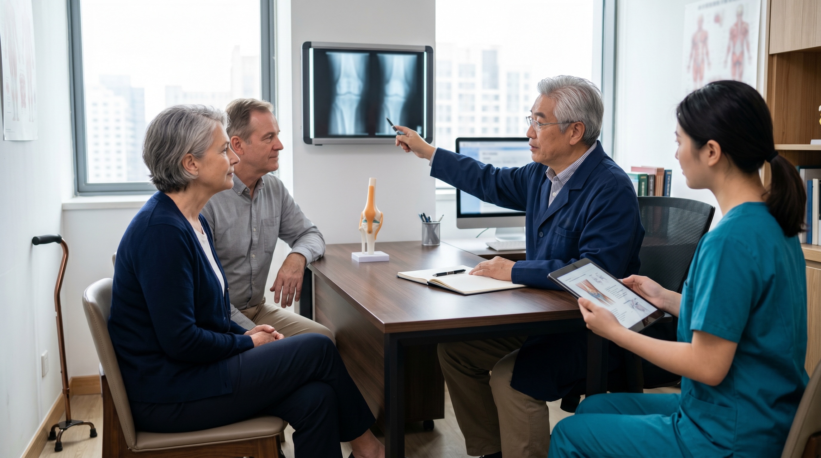 International knee replacement patient discussing orthopedic planning with a Chinese specialist and coordinator