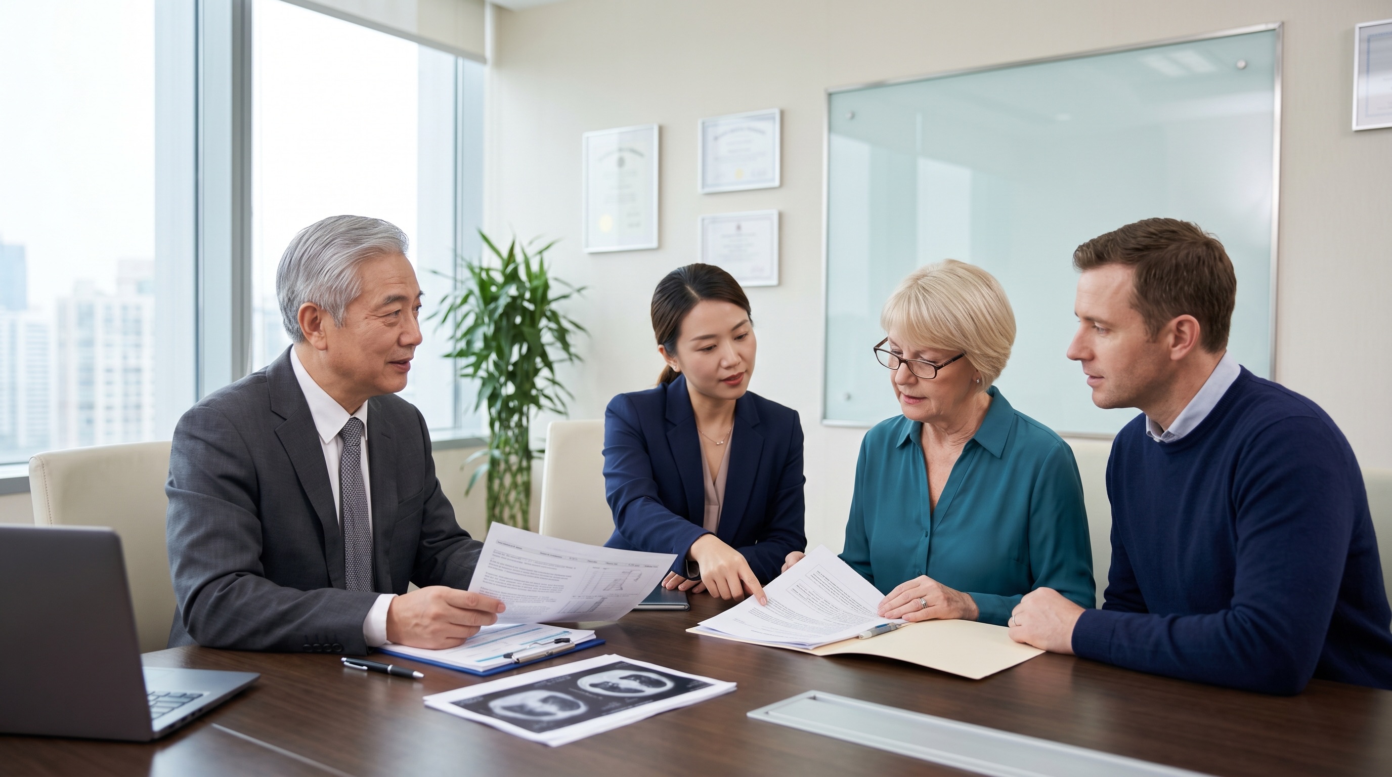 International lung cancer patient and family reviewing treatment planning with a Chinese specialist and coordinator
