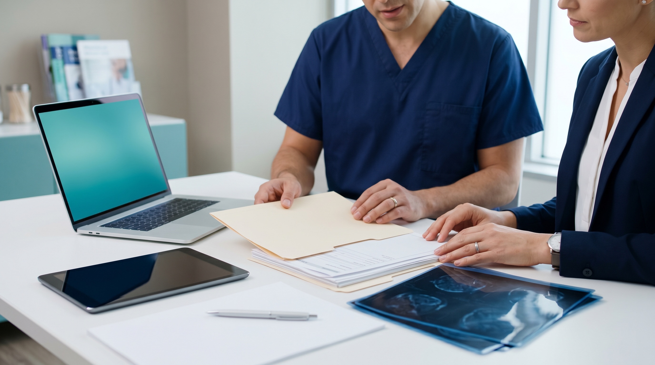 Medical coordination desk prepared for a private remote case review
