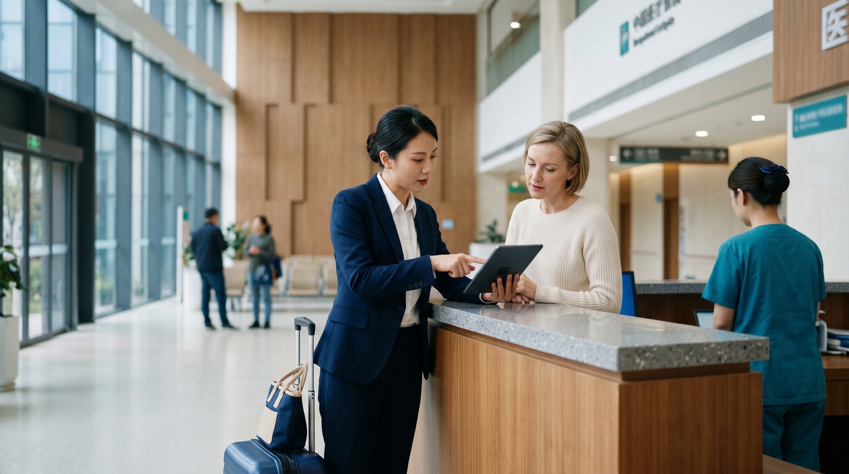 Bilingual coordinator helping an international patient at a modern hospital reception desk in China