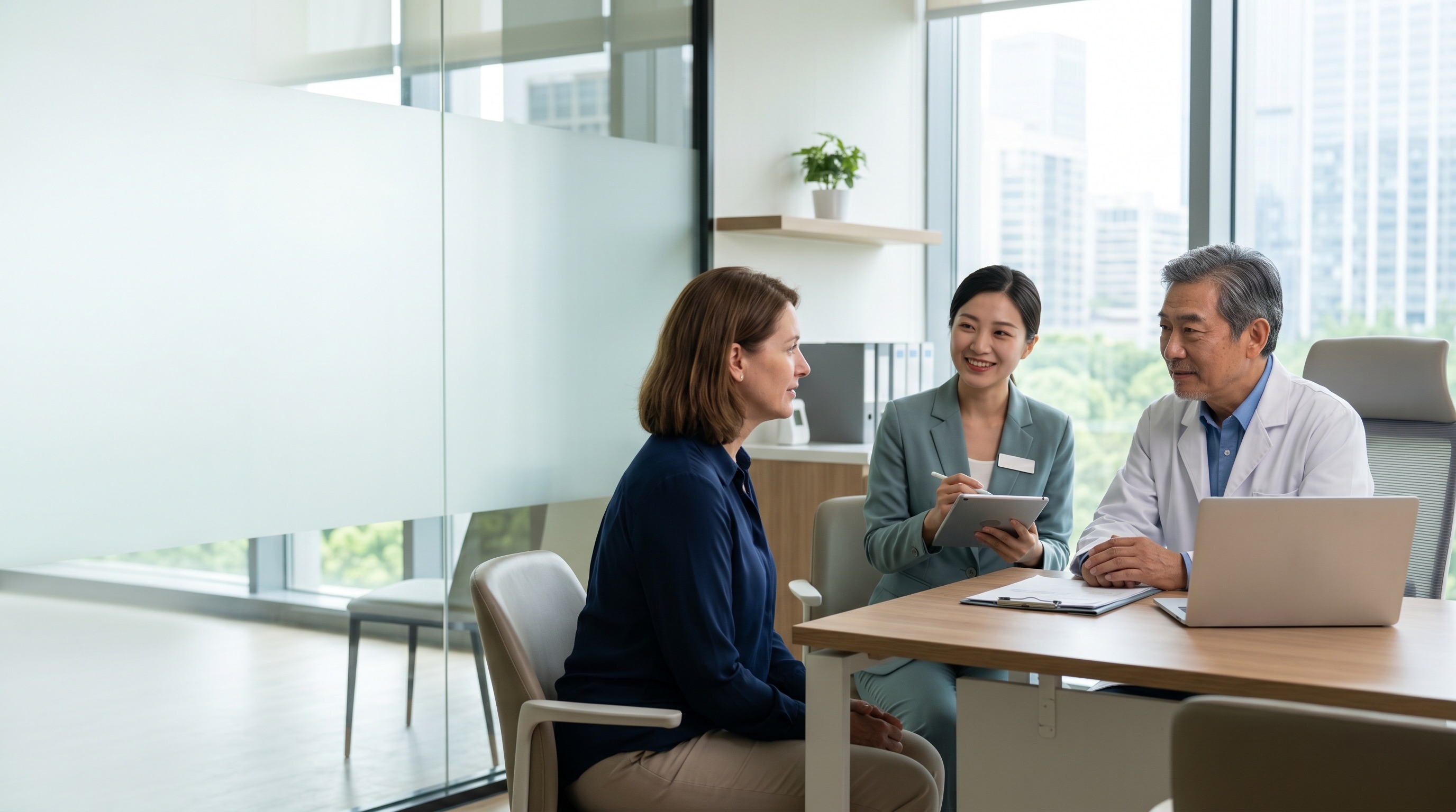 International patient speaking with a Chinese specialist and bilingual coordinator in a consultation room