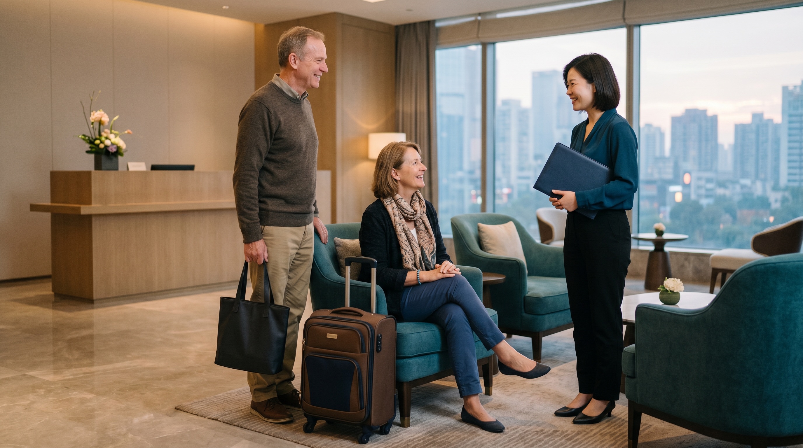 Medical travel coordinator welcoming an international patient and companion in a comfortable hotel lobby